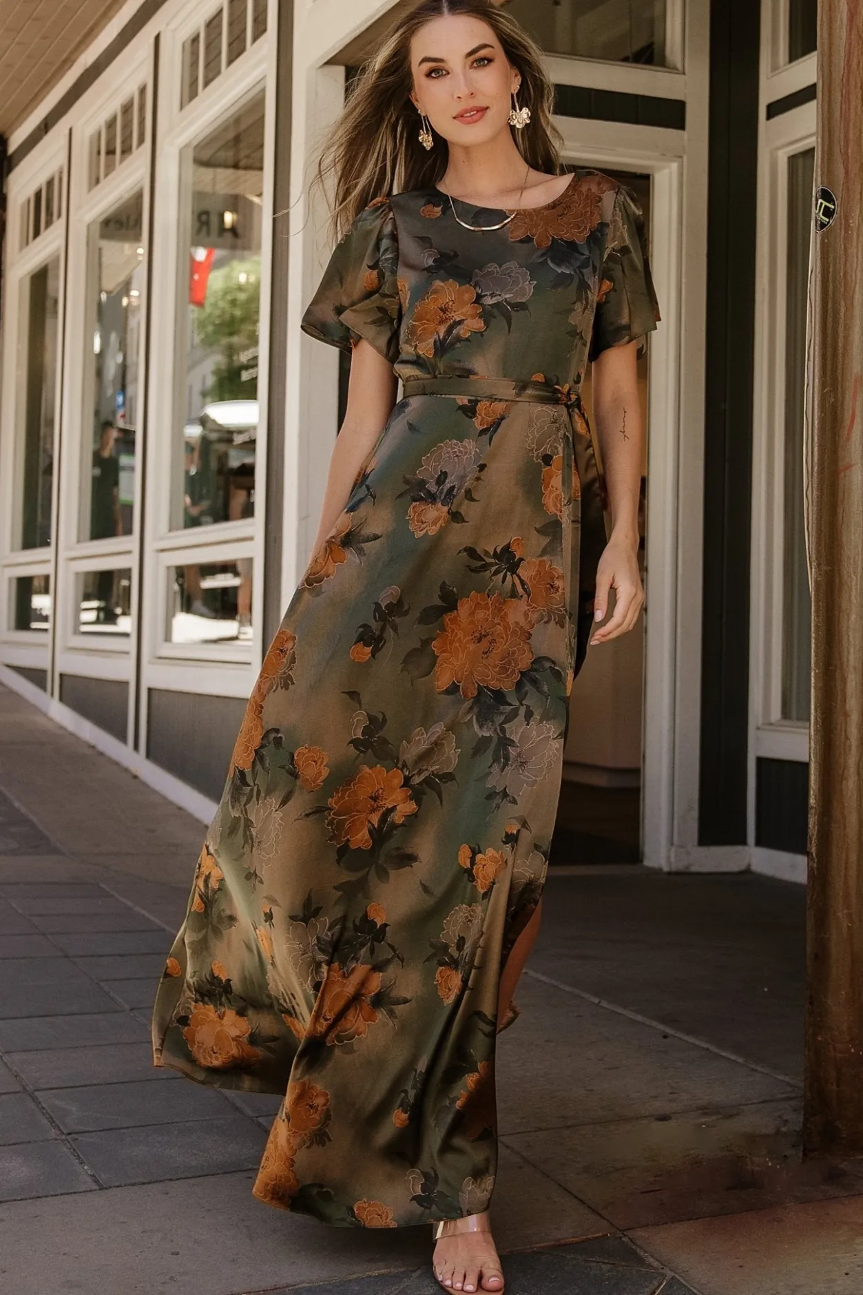 Best Baltic Born Agnes Satin Maxi Dress | Olive Floral OliveFloral