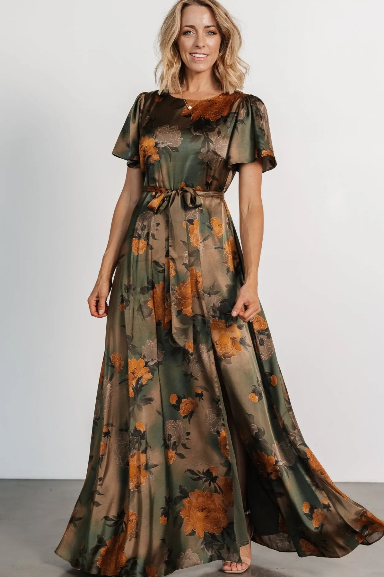 Best Baltic Born Agnes Satin Maxi Dress | Olive Floral OliveFloral