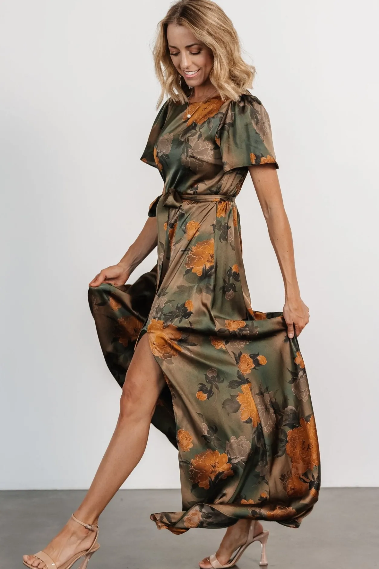 Best Baltic Born Agnes Satin Maxi Dress | Olive Floral OliveFloral