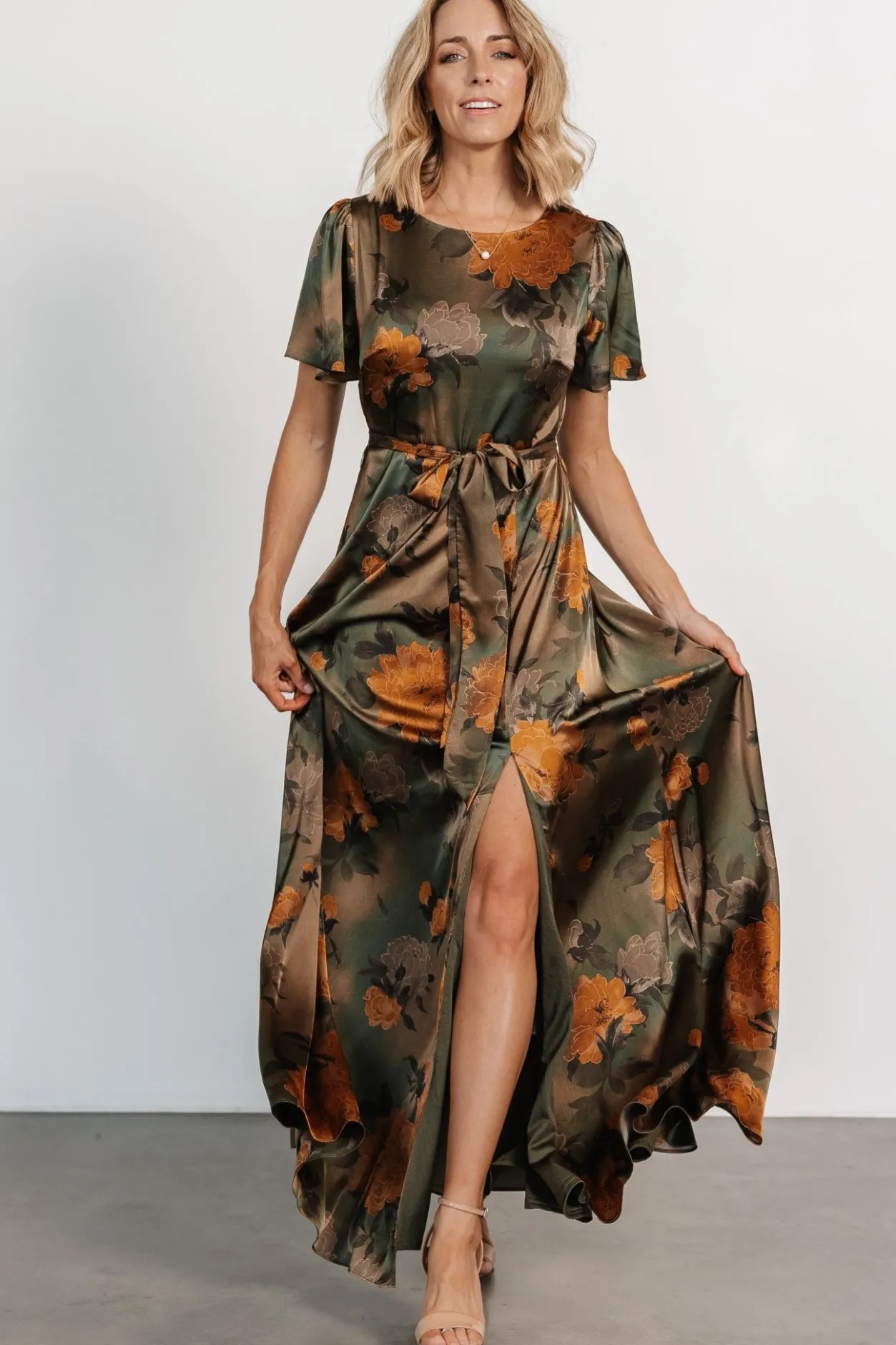 Best Baltic Born Agnes Satin Maxi Dress | Olive Floral OliveFloral