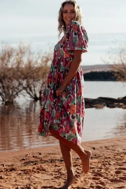 Hot Baltic Born Aimee Puff Sleeve Midi Dress | Pink Multi PinkMulti