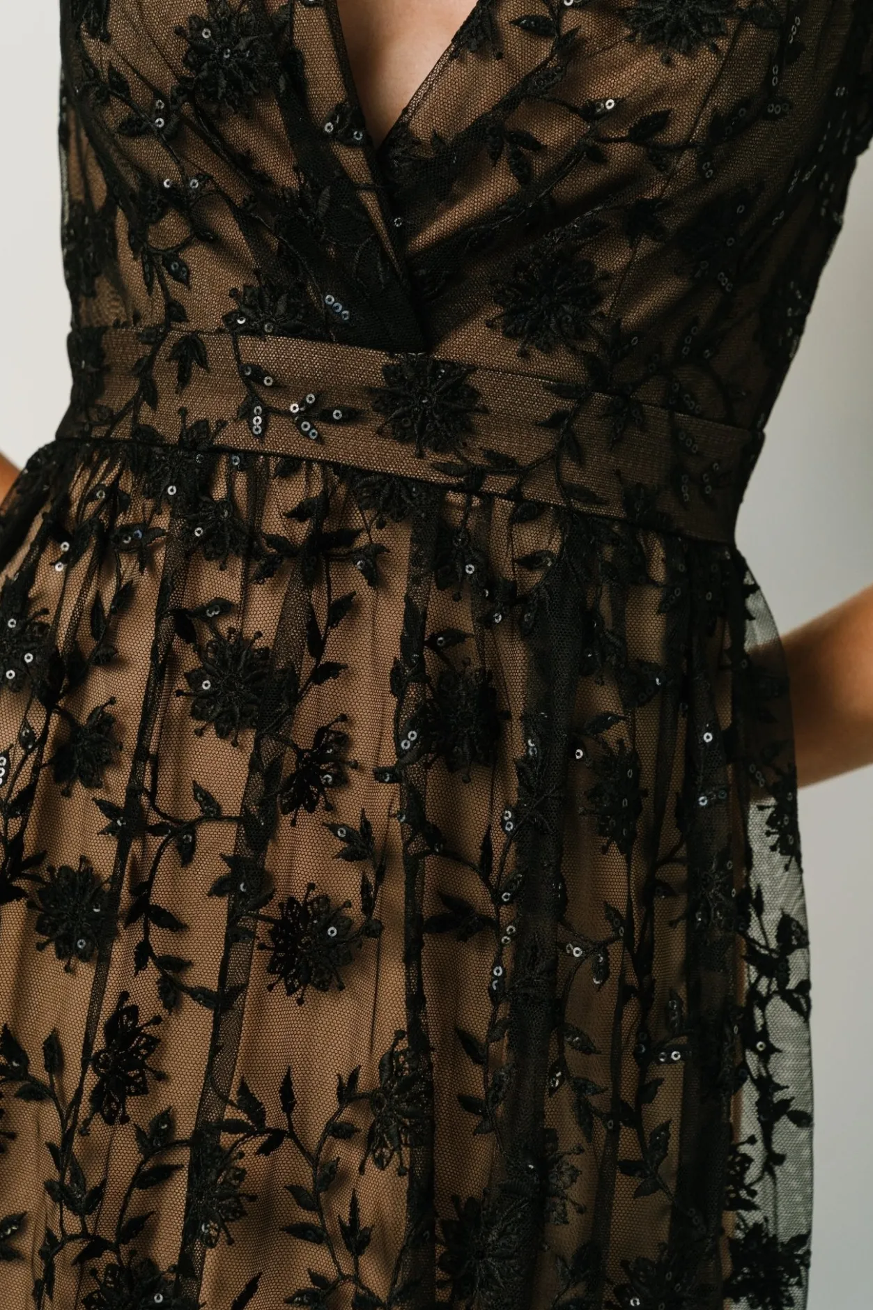 Hot Baltic Born Alexa Embroidered Sequin Maxi Dress | Black + Nude Black+Nude