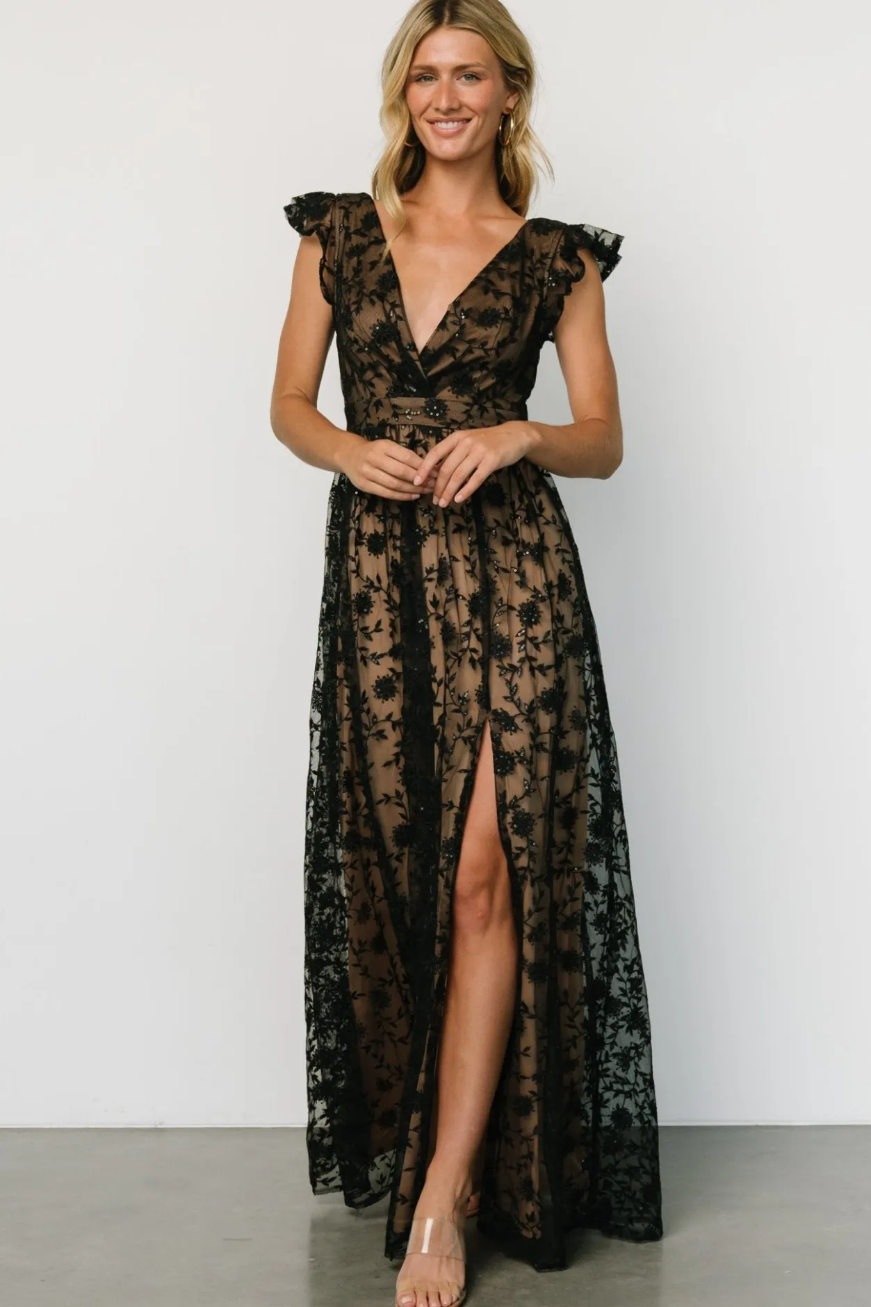Hot Baltic Born Alexa Embroidered Sequin Maxi Dress | Black + Nude Black+Nude
