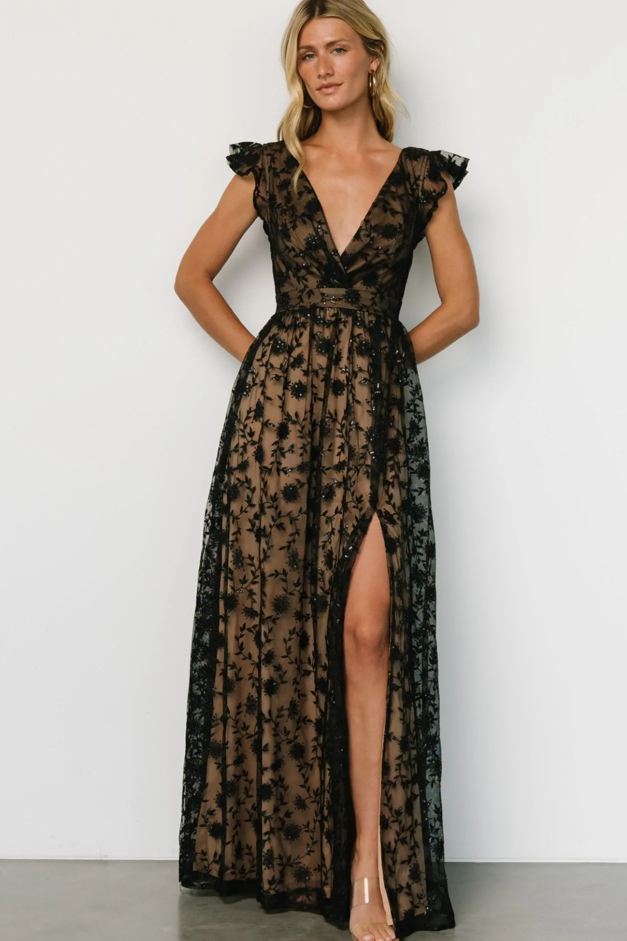 Hot Baltic Born Alexa Embroidered Sequin Maxi Dress | Black + Nude Black+Nude