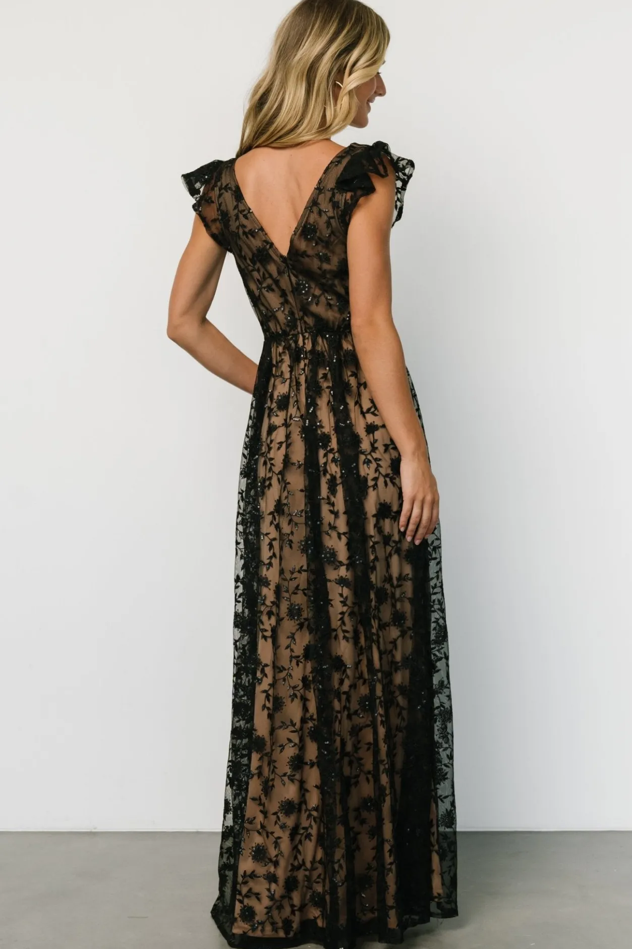 Hot Baltic Born Alexa Embroidered Sequin Maxi Dress | Black + Nude Black+Nude