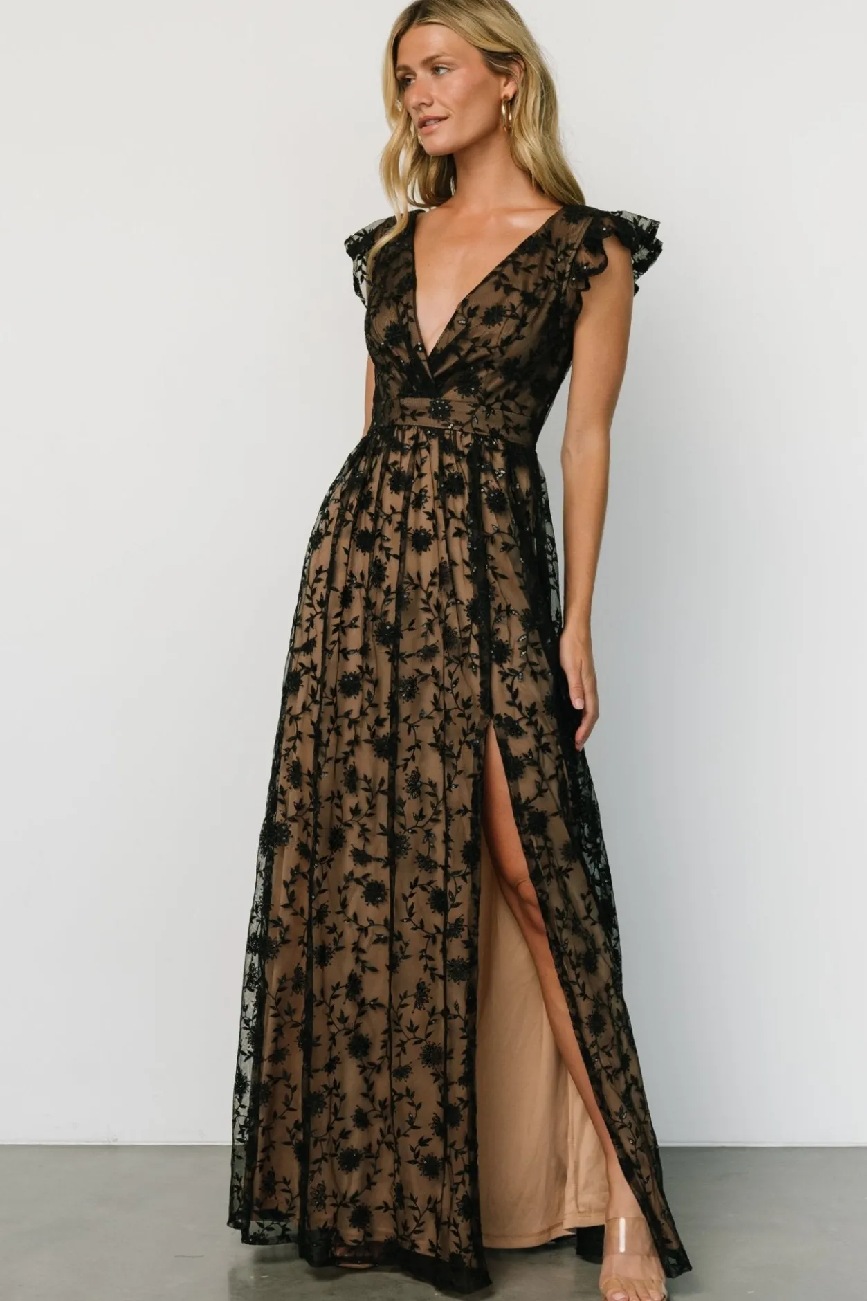 Hot Baltic Born Alexa Embroidered Sequin Maxi Dress | Black + Nude Black+Nude