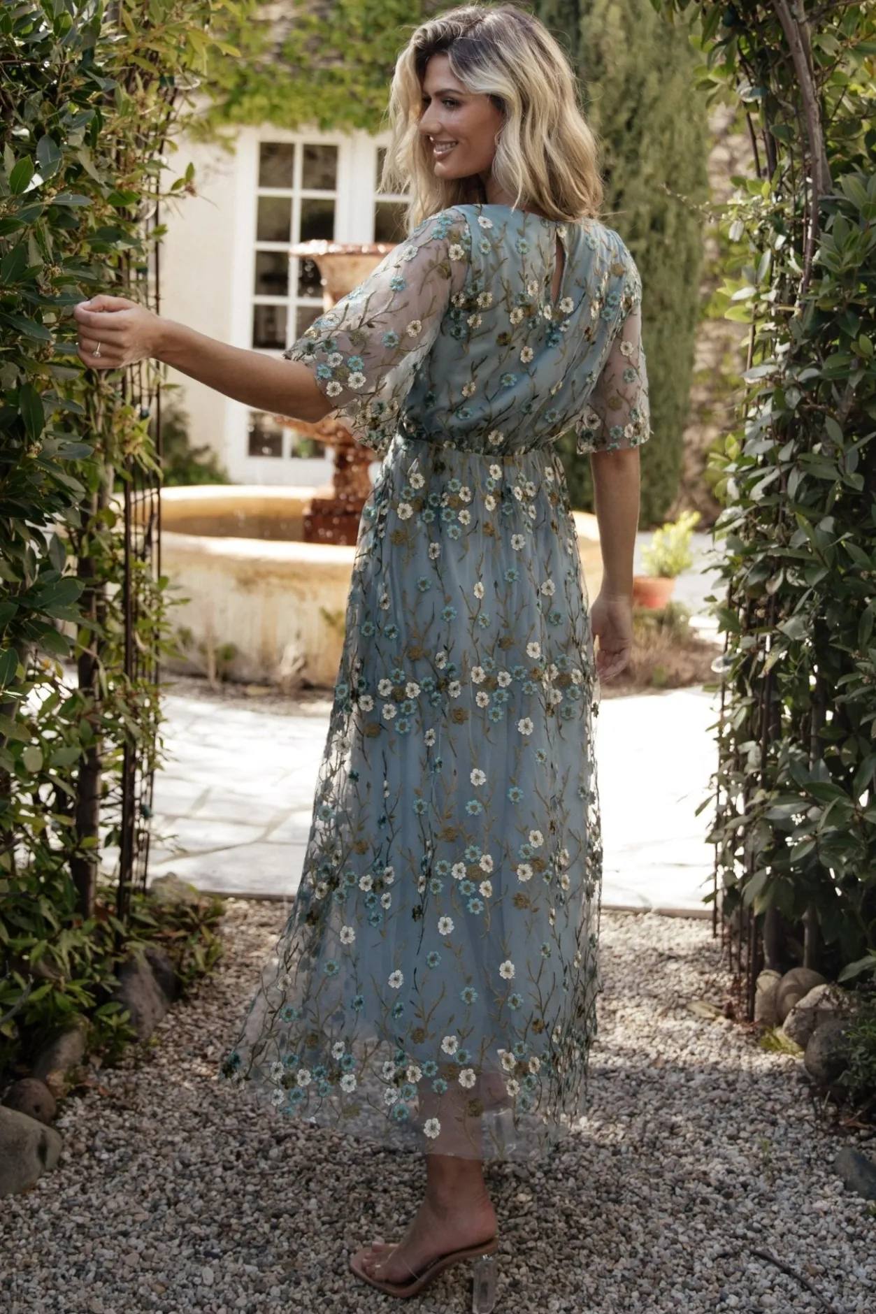 New Baltic Born Arabella Embroidered Tulle Maxi Dress | Dusty Blue Floral DustyBlueFloral