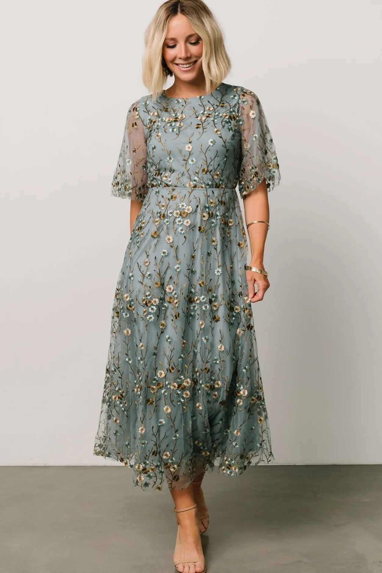 New Baltic Born Arabella Embroidered Tulle Maxi Dress | Dusty Blue Floral DustyBlueFloral
