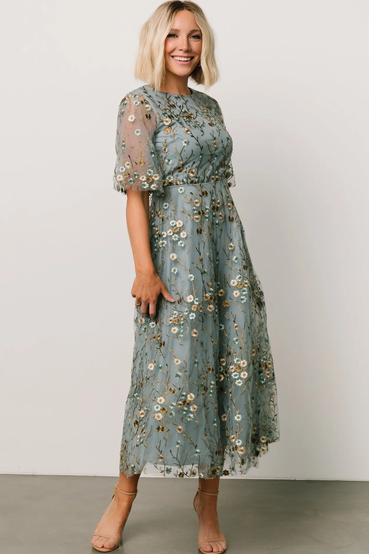New Baltic Born Arabella Embroidered Tulle Maxi Dress | Dusty Blue Floral DustyBlueFloral