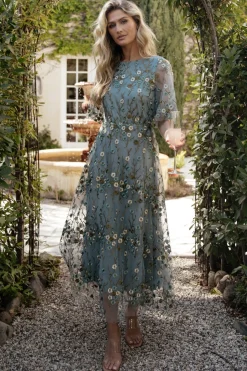 New Baltic Born Arabella Embroidered Tulle Maxi Dress | Dusty Blue Floral DustyBlueFloral