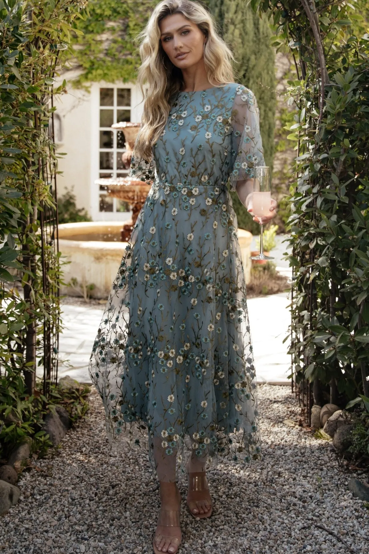 New Baltic Born Arabella Embroidered Tulle Maxi Dress | Dusty Blue Floral DustyBlueFloral