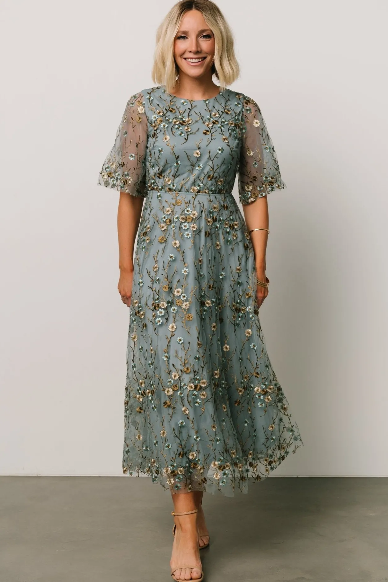 New Baltic Born Arabella Embroidered Tulle Maxi Dress | Dusty Blue Floral DustyBlueFloral