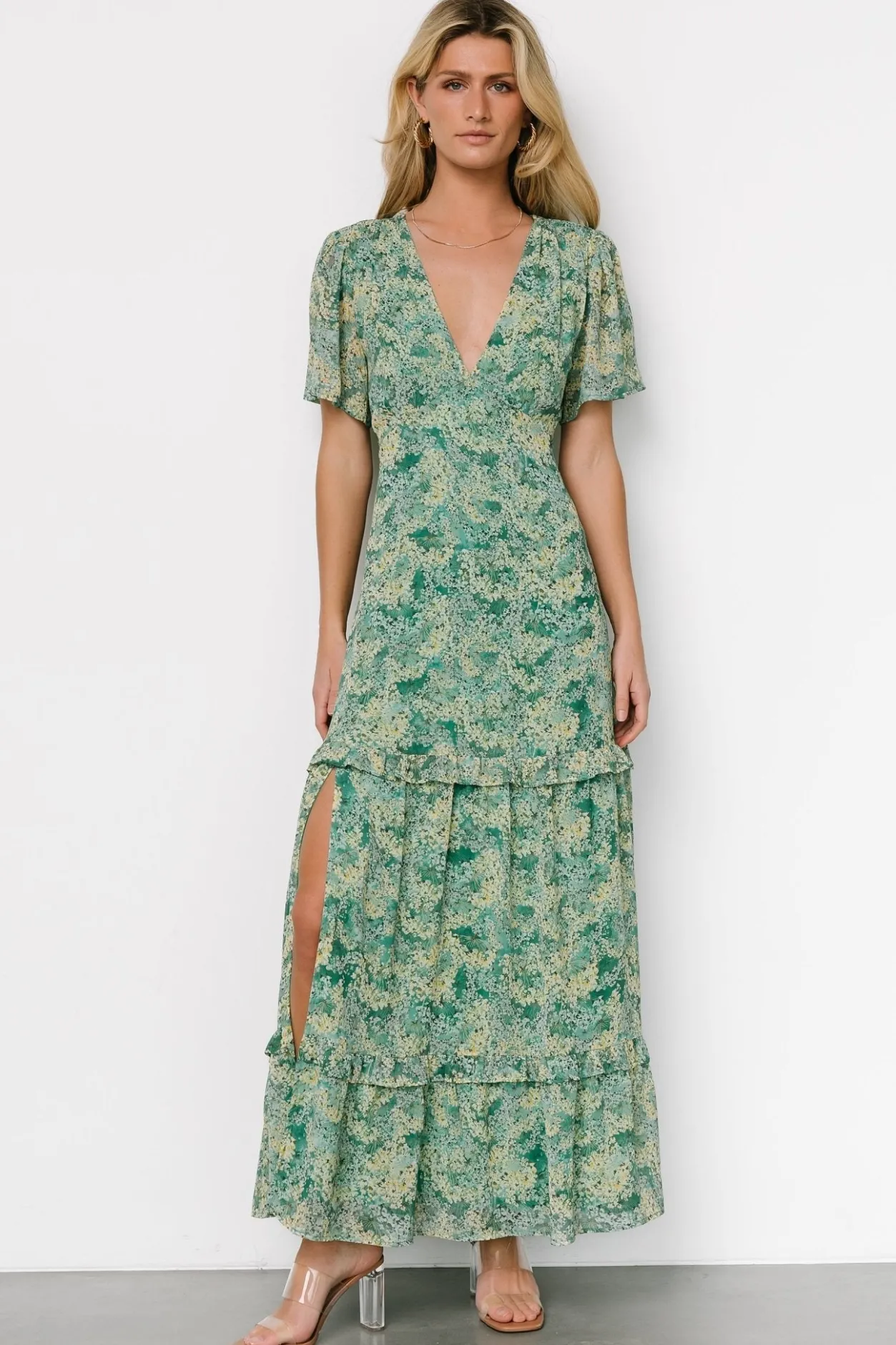 Sale Baltic Born Audrey Deep V Maxi Dress | Green Floral GreenFloral