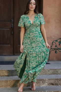 Sale Baltic Born Audrey Deep V Maxi Dress | Green Floral GreenFloral