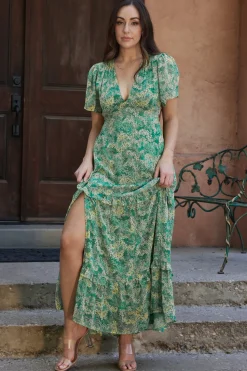 Sale Baltic Born Audrey Deep V Maxi Dress | Green Floral GreenFloral