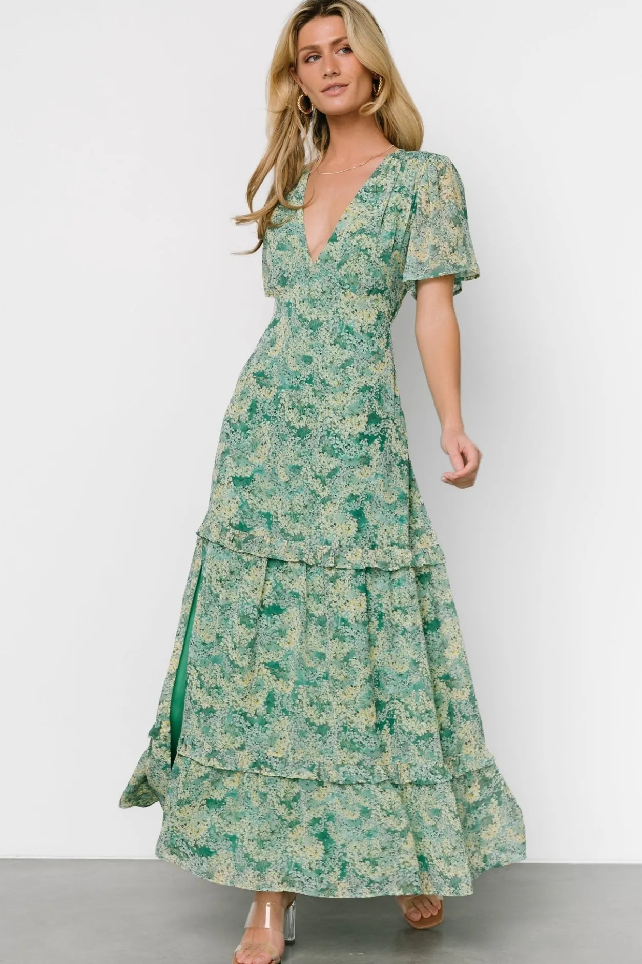 Sale Baltic Born Audrey Deep V Maxi Dress | Green Floral GreenFloral