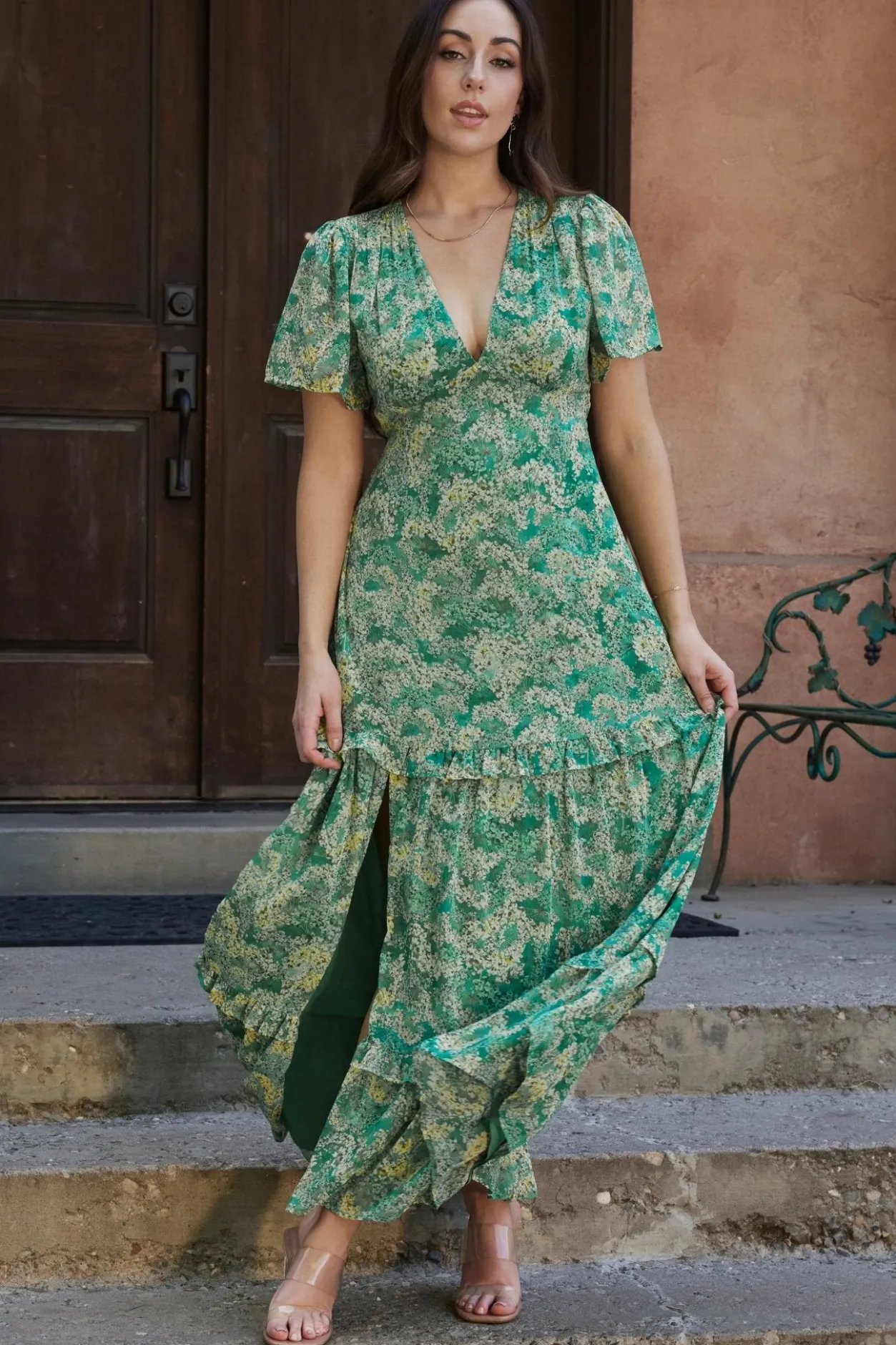 Sale Baltic Born Audrey Deep V Maxi Dress | Green Floral GreenFloral