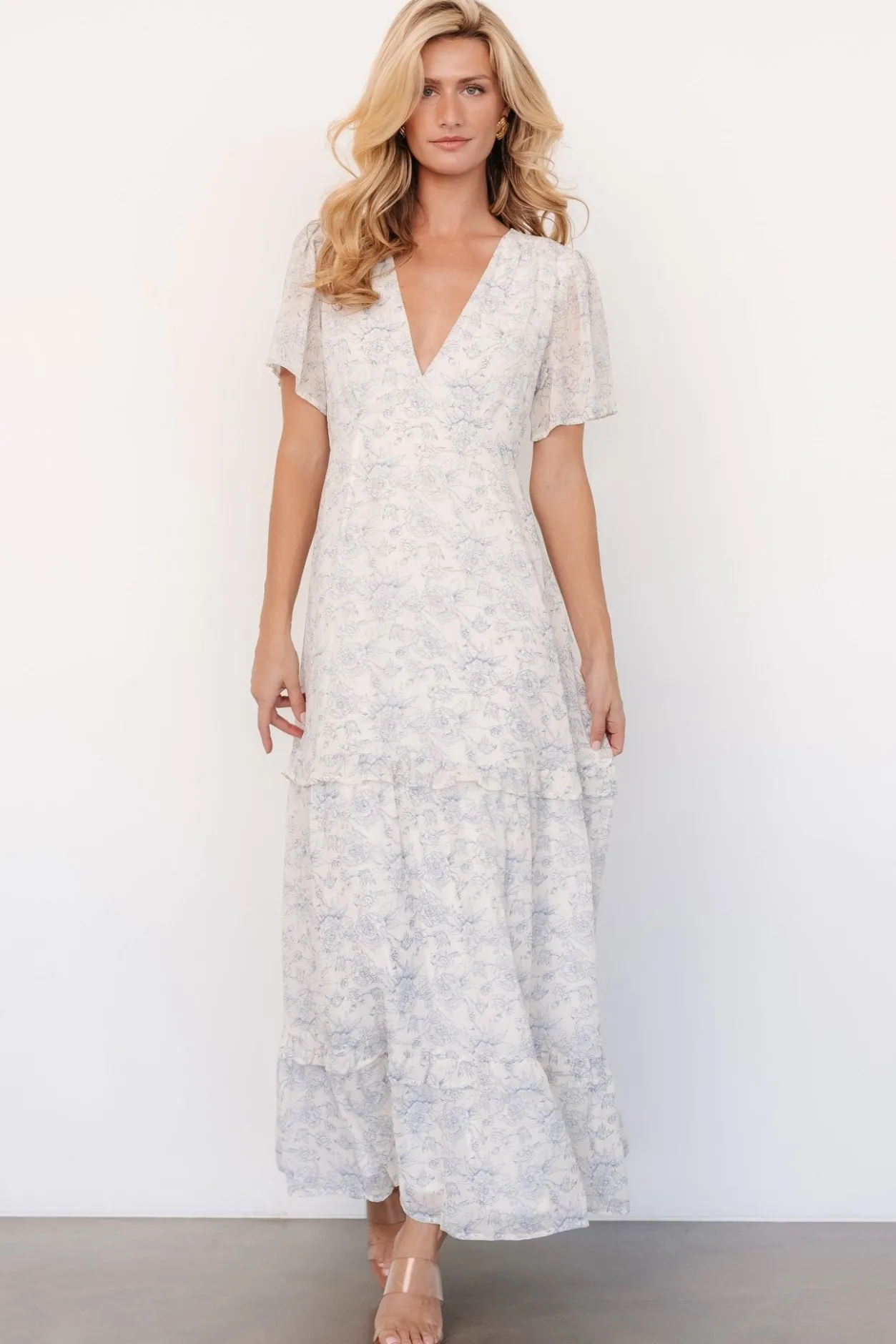 Hot Baltic Born Audrey Deep V Maxi Dress | Off White + Blue Floral OffWhite+BlueFloral