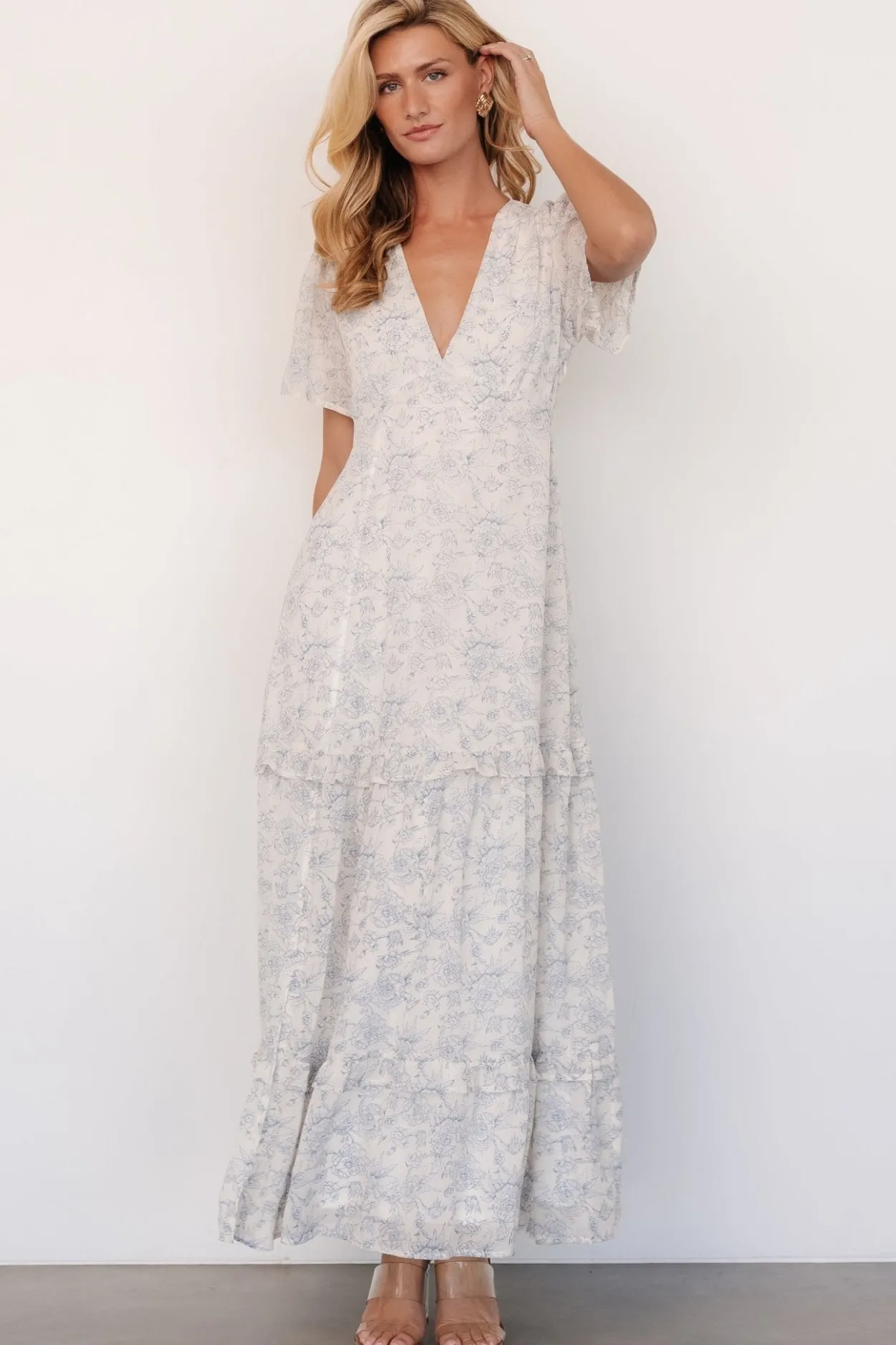 Hot Baltic Born Audrey Deep V Maxi Dress | Off White + Blue Floral OffWhite+BlueFloral