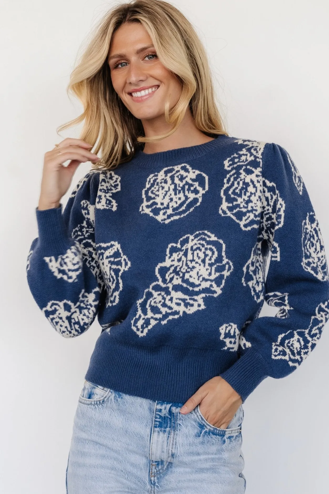 Online Baltic Born Blake Floral Sweater | Blue + Cream Blue+Cream