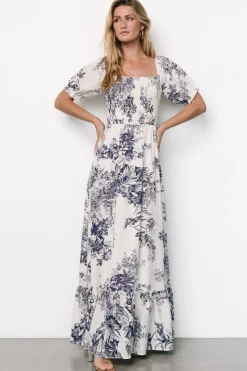 Discount Baltic Born Capri Smocked Maxi Dress | Ivory + Blue Floral Ivory+BlueFloral
