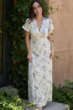 Discount Baltic Born Carmen Maxi Dress | Off White + Blue Floral OffWhite+BlueFloral