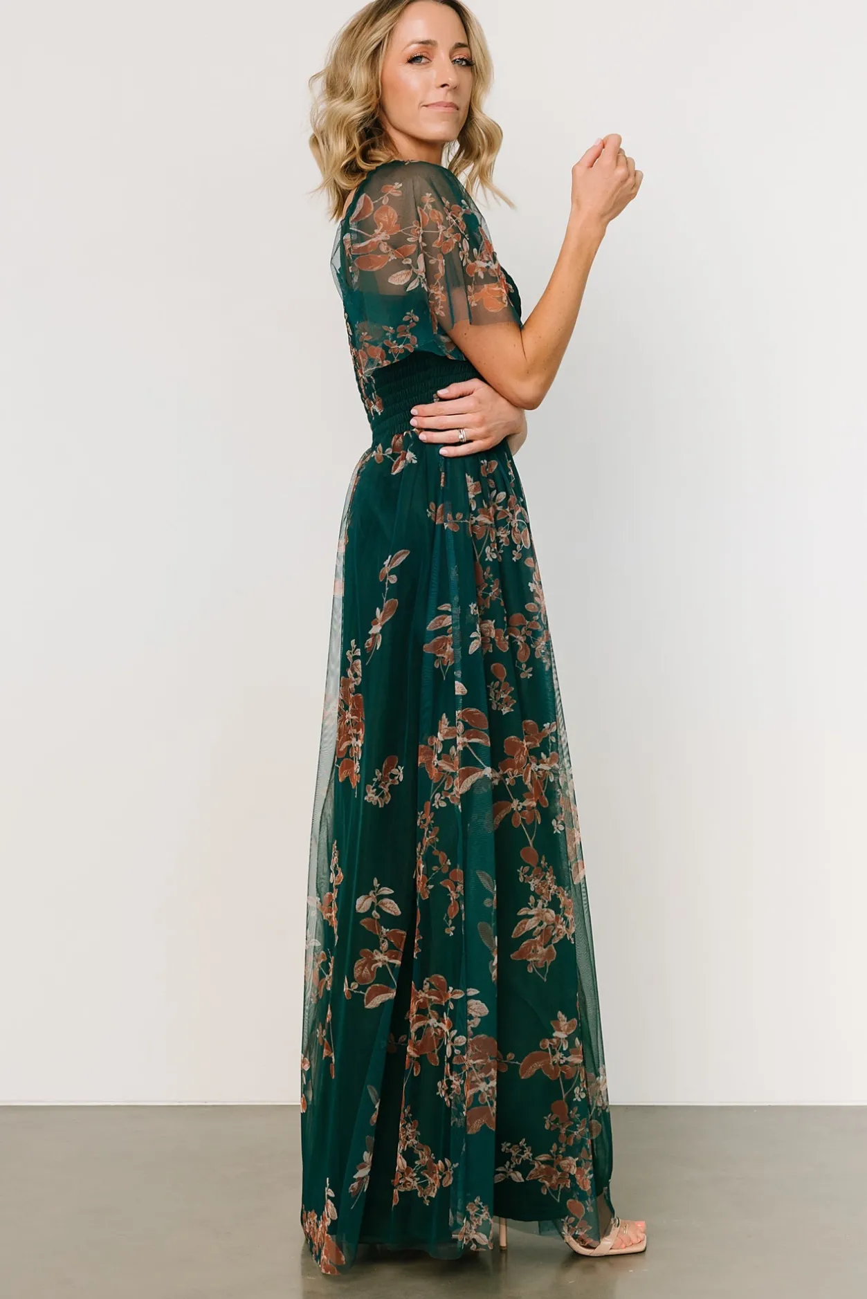 Hot Baltic Born Cassandra Tulle Maxi Dress | Green + Bronze Floral Green+BronzeFloral