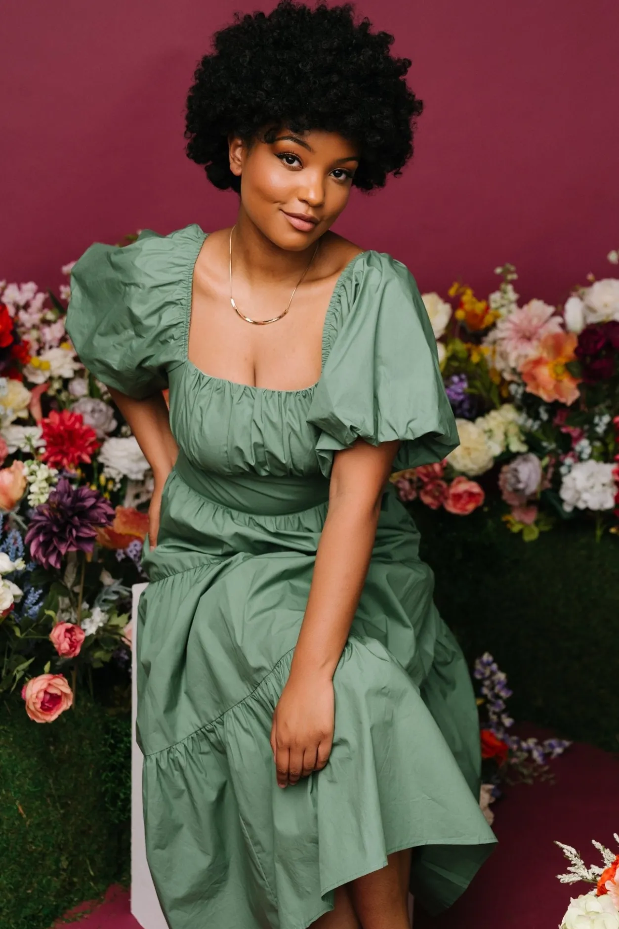 Hot Baltic Born Cindy Puff Sleeve Tiered Dress | Dusty Green DustyGreen