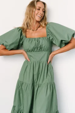 Hot Baltic Born Cindy Puff Sleeve Tiered Dress | Dusty Green DustyGreen