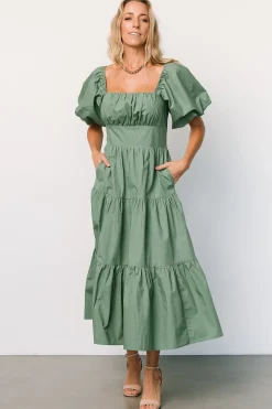 Hot Baltic Born Cindy Puff Sleeve Tiered Dress | Dusty Green DustyGreen