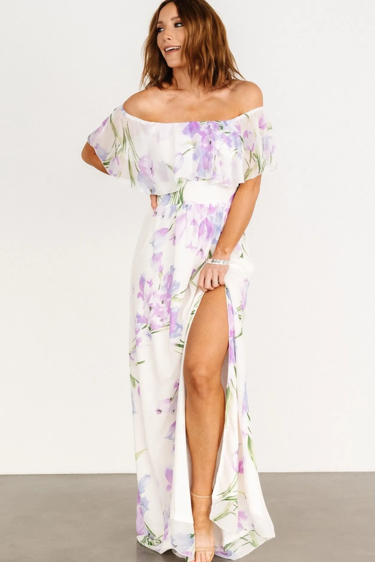 Online Baltic Born Daphne Off Shoulder Maxi Dress | Ivory + Lavender Floral Ivory+LavenderFloral