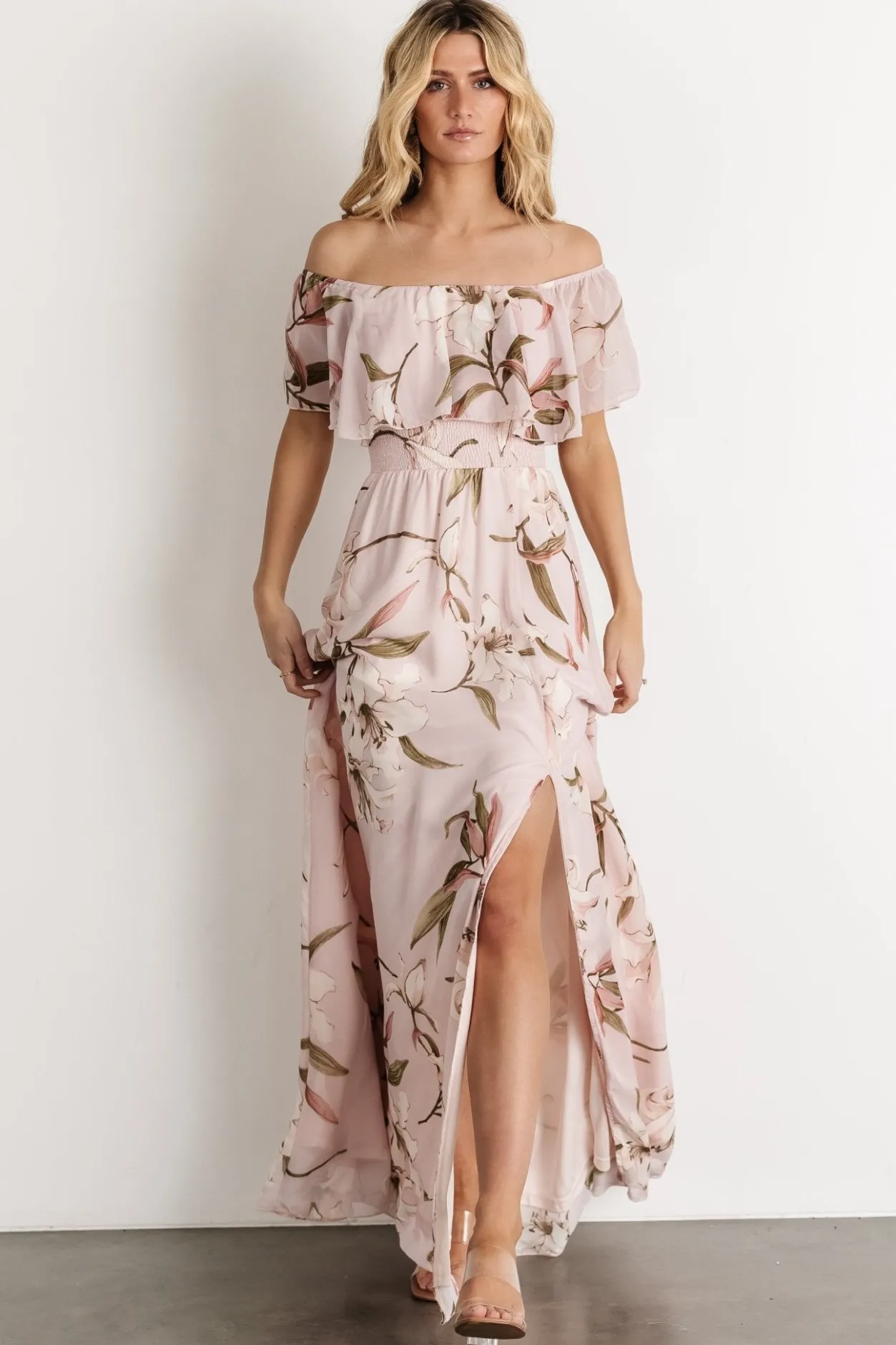 Fashion Baltic Born Daphne Off Shoulder Maxi Dress | Mauve Floral MauveFloral