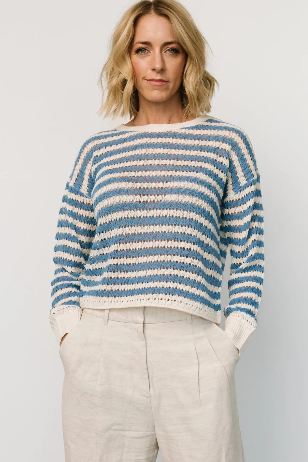 Fashion Baltic Born Dawn Open Knit Top | Blue + Ivory Blue+Ivory