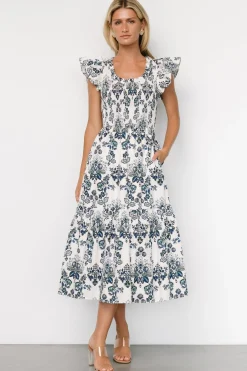 Clearance Baltic Born Dominique Midi Dress | White + Cobalt White+Cobalt