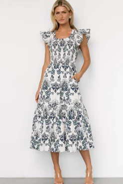 Clearance Baltic Born Dominique Midi Dress | White + Cobalt White+Cobalt