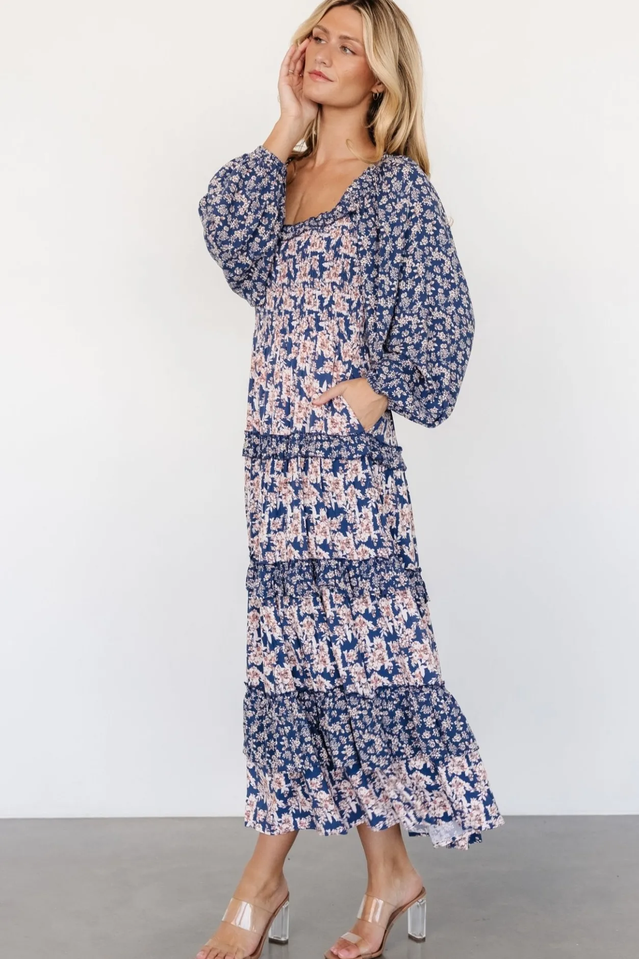 Clearance Baltic Born Dynah Tiered Dress | Blue + Cream Floral Blue+CreamFloral