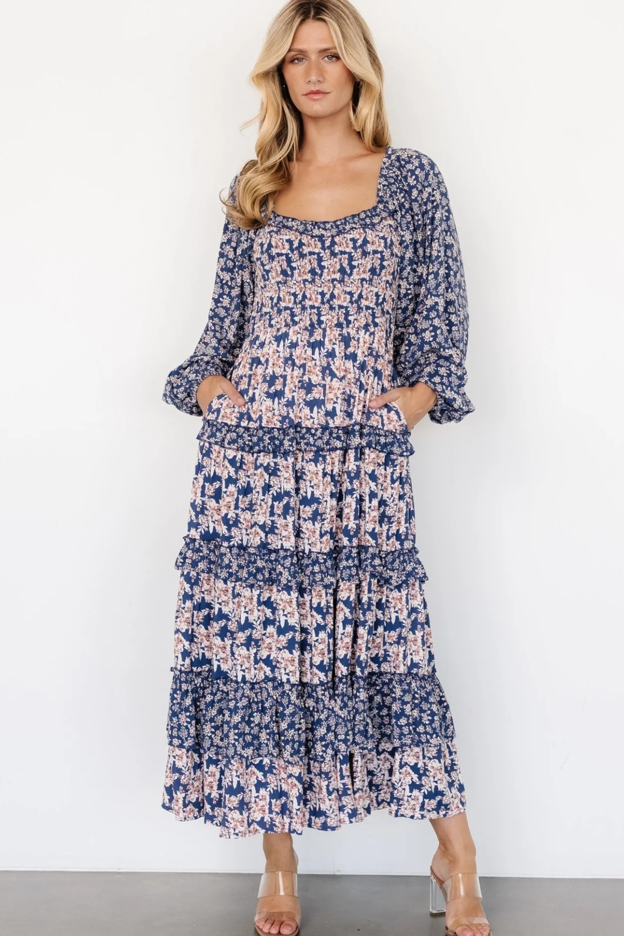 Clearance Baltic Born Dynah Tiered Dress | Blue + Cream Floral Blue+CreamFloral