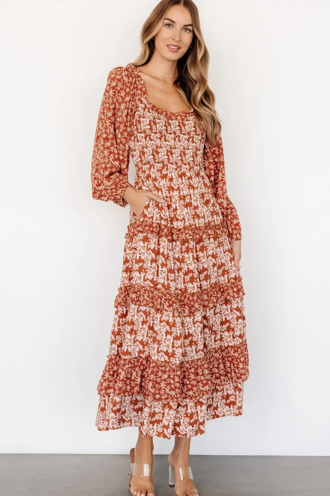 Clearance Baltic Born Dynah Tiered Dress | Rust +Cream Floral Rust+CreamFloral