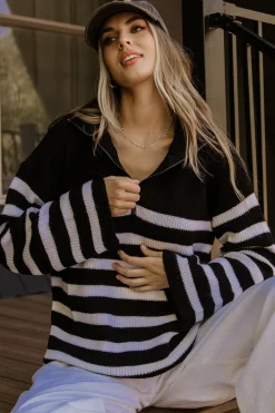 Online Baltic Born Elmer Striped Half Zip Sweater | Black + White Black+White