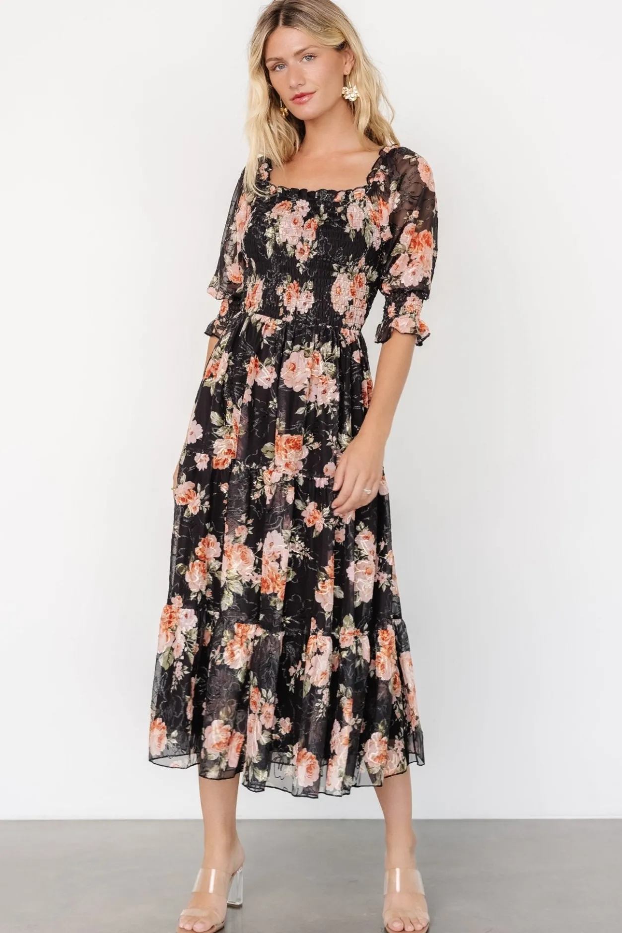 Outlet Baltic Born Fabian Jacquard Midi Dress | Peach + Black Floral Peach+BlackFloral