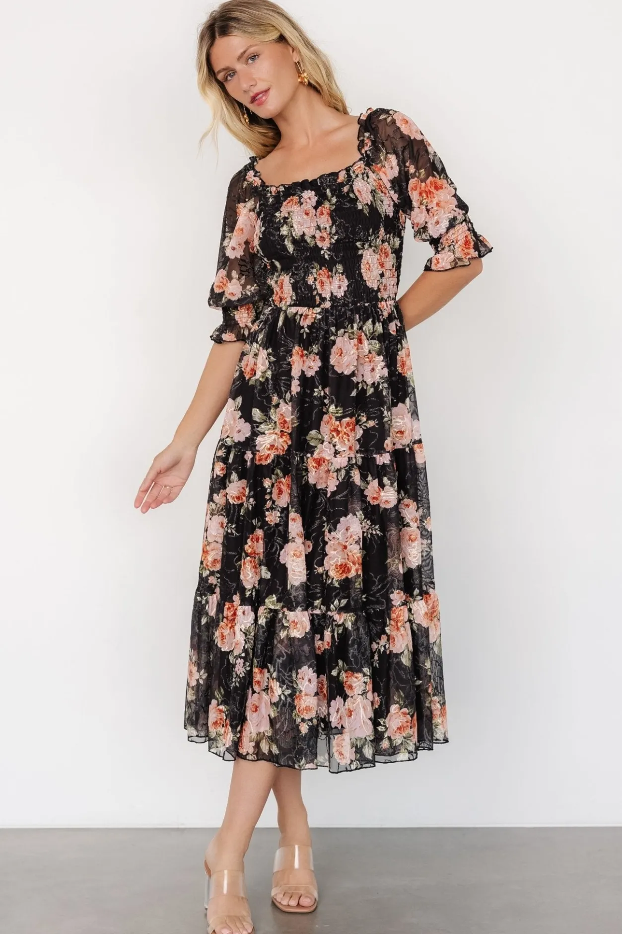 Outlet Baltic Born Fabian Jacquard Midi Dress | Peach + Black Floral Peach+BlackFloral