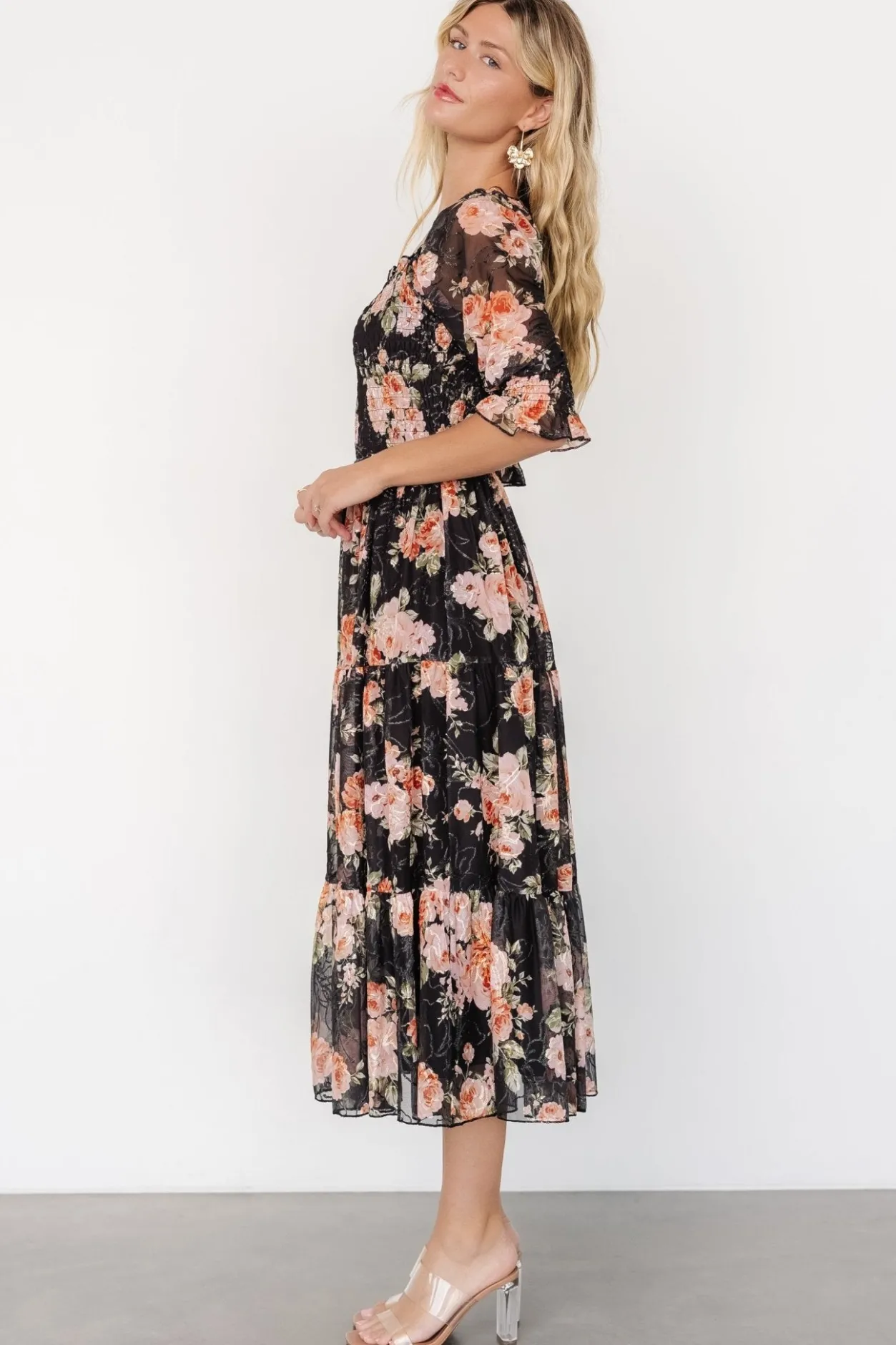 Outlet Baltic Born Fabian Jacquard Midi Dress | Peach + Black Floral Peach+BlackFloral