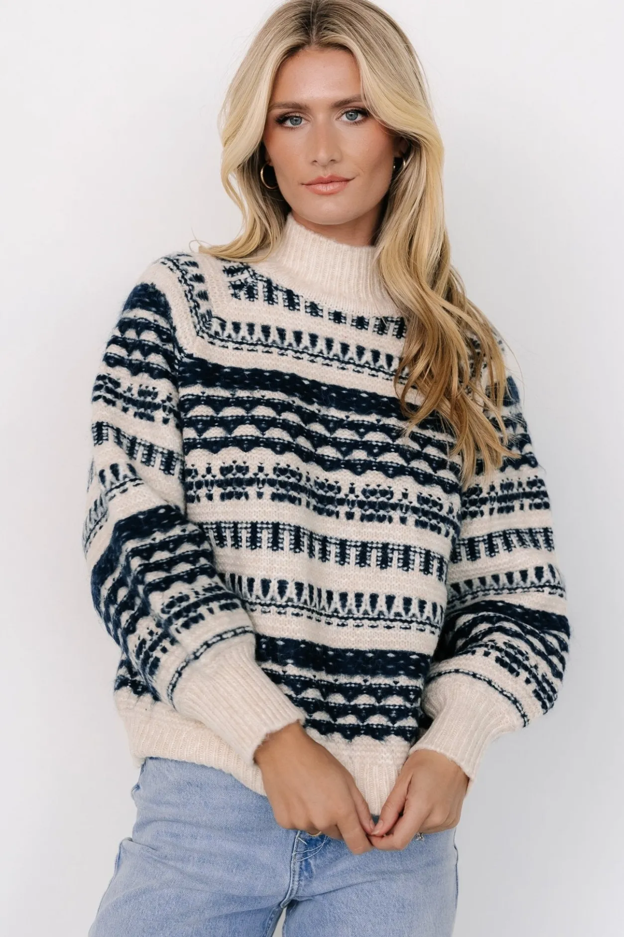 Hot Baltic Born Guadalupe Mock Neck Sweater | Ivory + Navy Ivory+Navy