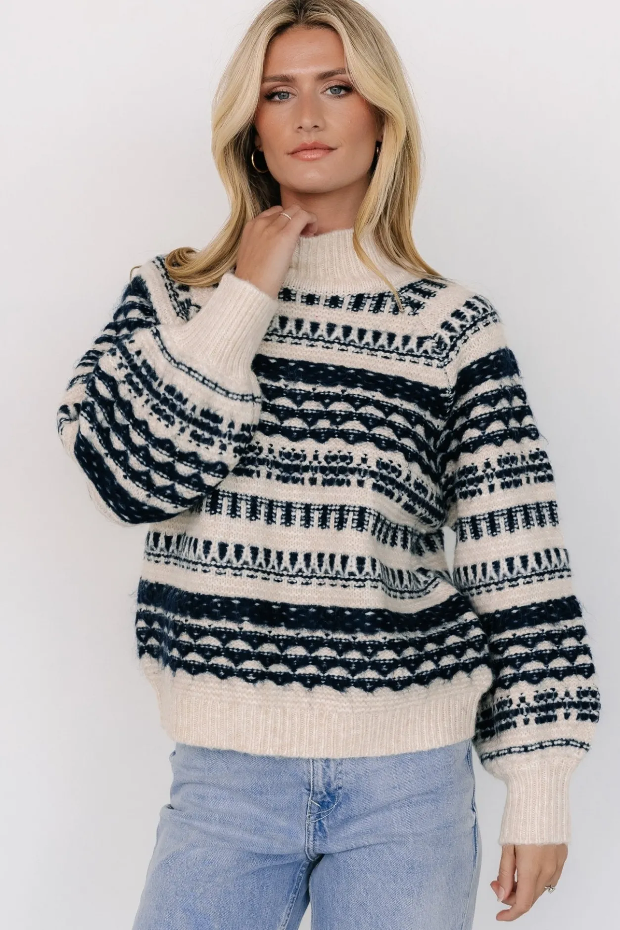 Hot Baltic Born Guadalupe Mock Neck Sweater | Ivory + Navy Ivory+Navy