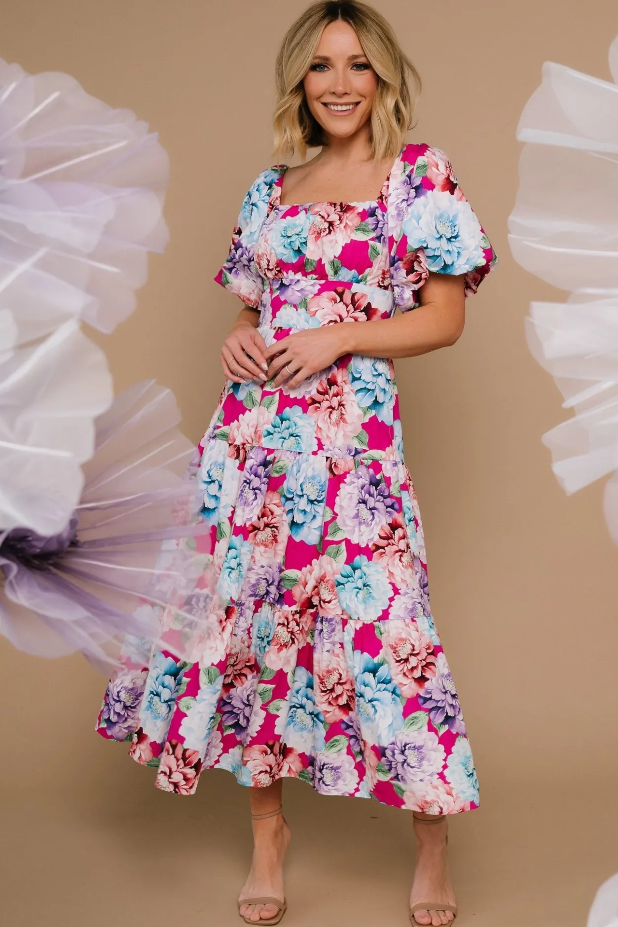New Baltic Born Iva Puff Sleeve Midi Dress | Fuchsia Multi Floral FuchsiaMultiFloral