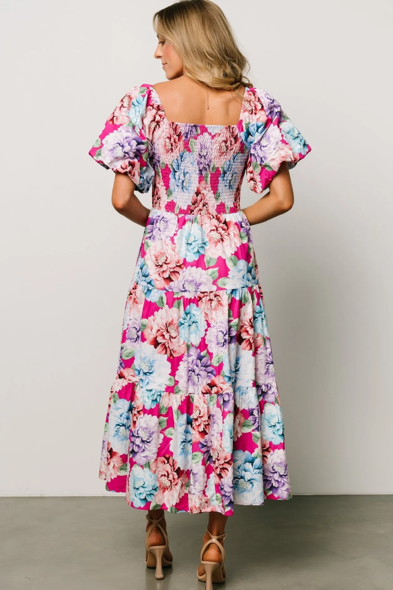New Baltic Born Iva Puff Sleeve Midi Dress | Fuchsia Multi Floral FuchsiaMultiFloral