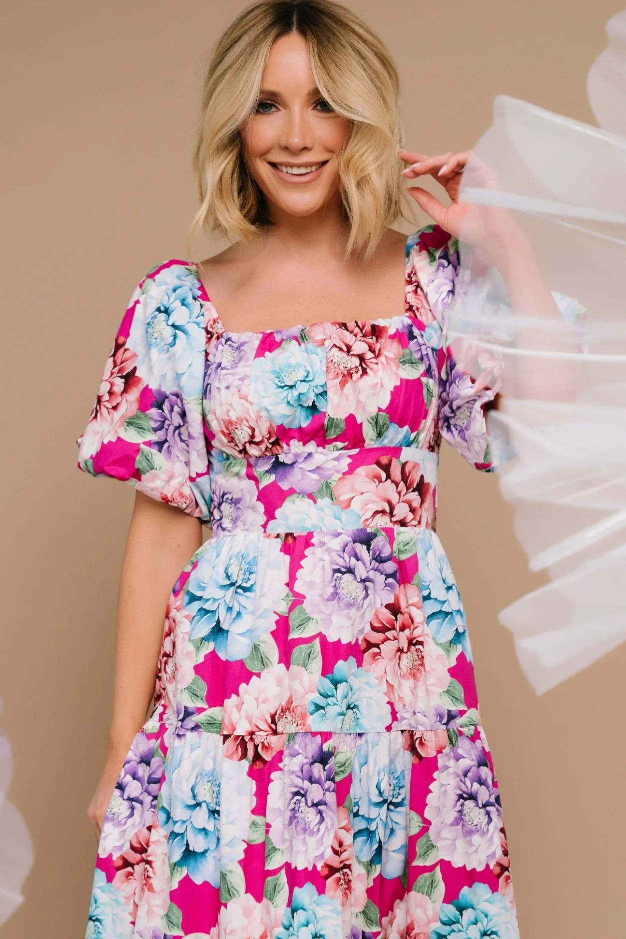 New Baltic Born Iva Puff Sleeve Midi Dress | Fuchsia Multi Floral FuchsiaMultiFloral
