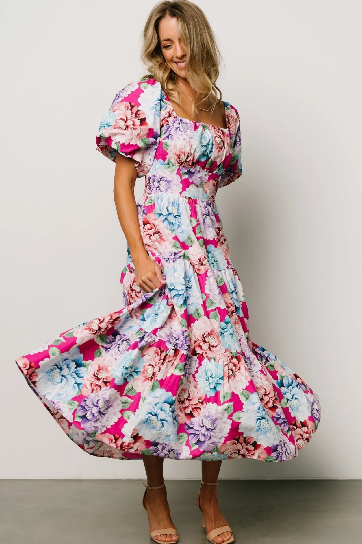 New Baltic Born Iva Puff Sleeve Midi Dress | Fuchsia Multi Floral FuchsiaMultiFloral