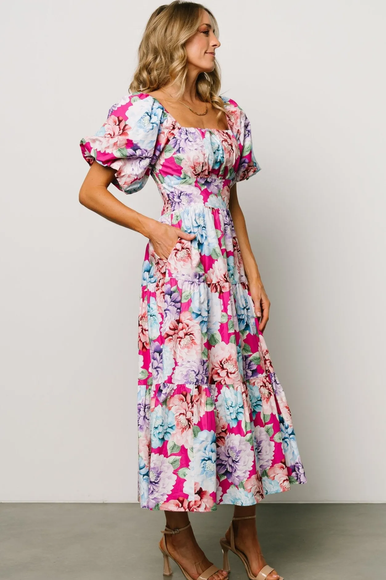 New Baltic Born Iva Puff Sleeve Midi Dress | Fuchsia Multi Floral FuchsiaMultiFloral