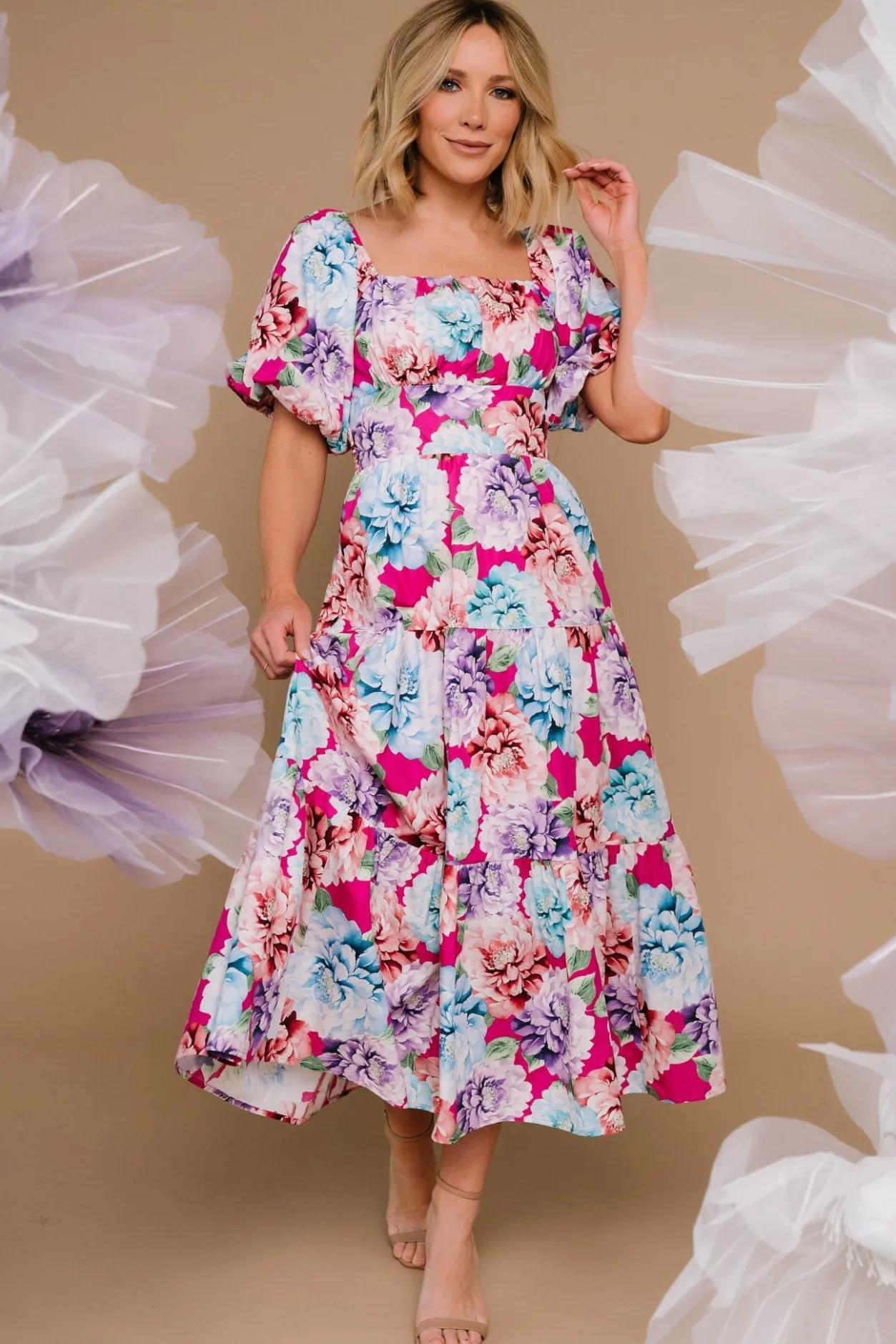 New Baltic Born Iva Puff Sleeve Midi Dress | Fuchsia Multi Floral FuchsiaMultiFloral